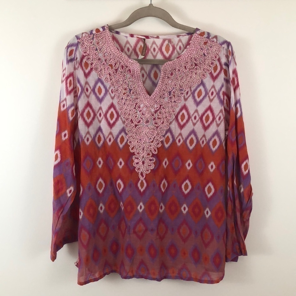 Soft Surroundings Ikat Print Embroidered Tunic Top
